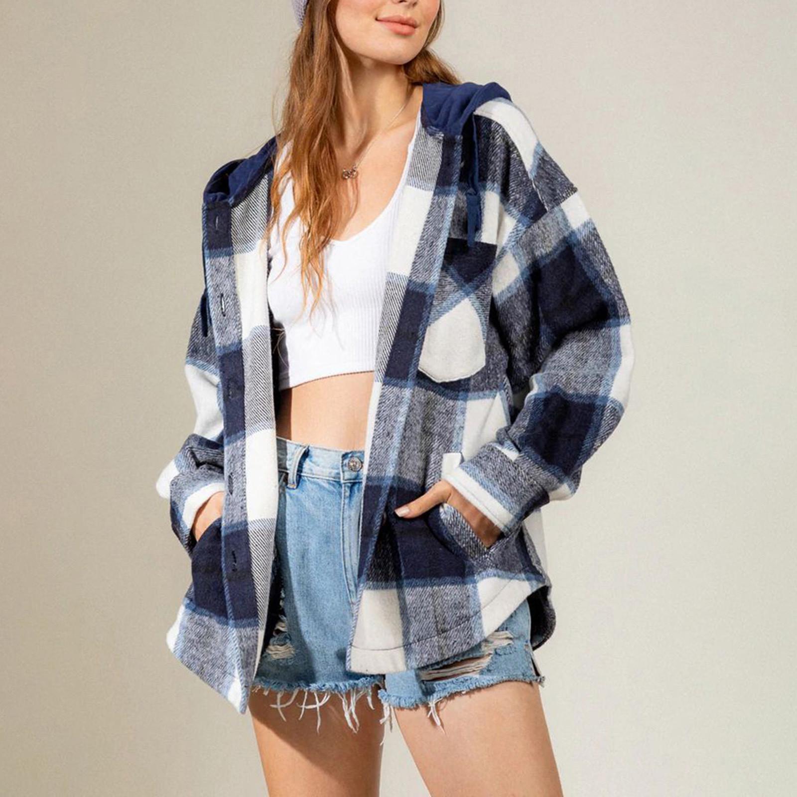 

Женский осенне-зимний модный клетчатый свитер в тон, толстовка с карманом, кардиган, шерстяное пальто на пуговицах M синий