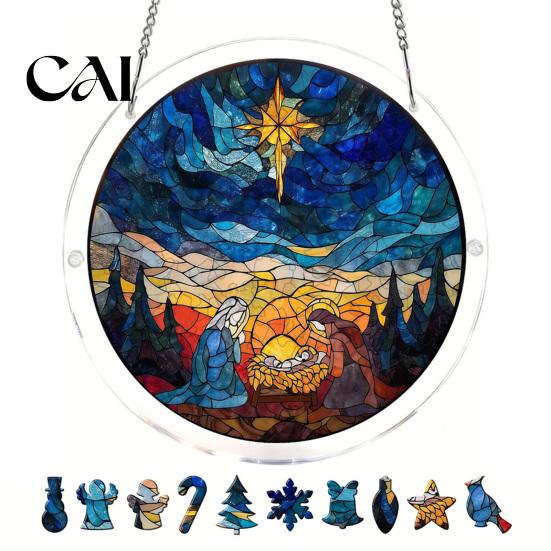 Stained Glass Window Art Christmas Acrylic Puzzle Suncatcher, Holiday Tree Snowman Stockings Red Bird Sun Catcher Suncatcher Kit for Adults,