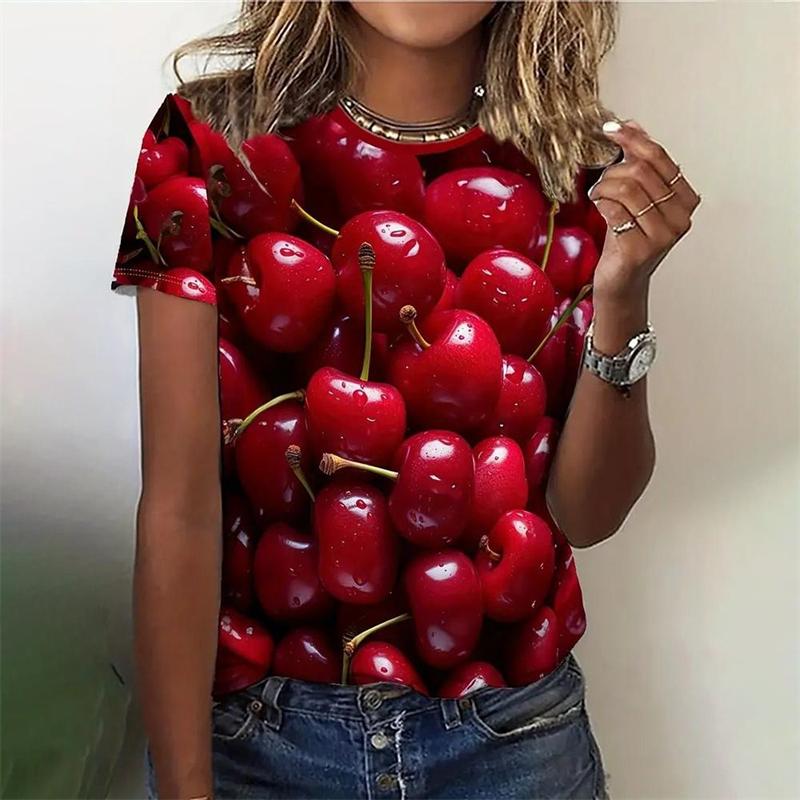 Summer Round Neck 3D Fruit Print Top Fashionable Casual Short Sleeved Women's T-shirts