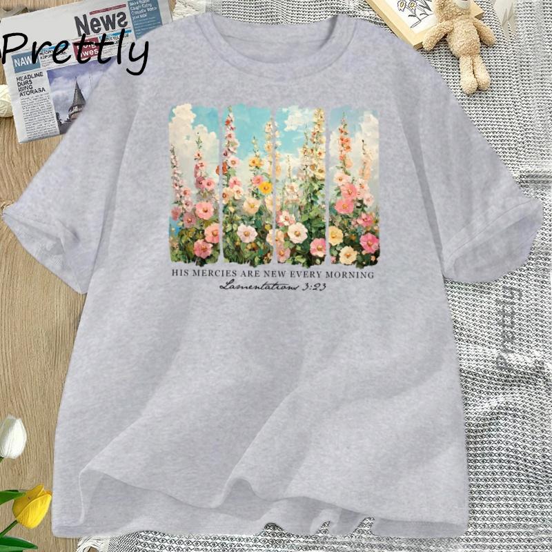 Retro Flower Print Cotton Clothing T-Shirt for Woman Are New Every Morning T Shirt Cozy Tee