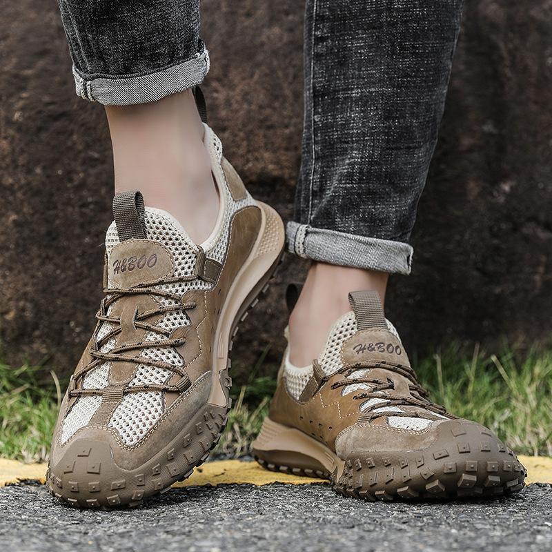 Summer new Korean version hollow mesh shoes men's breathable pigskin outdoor casual shoes men's lace-up mesh shoes