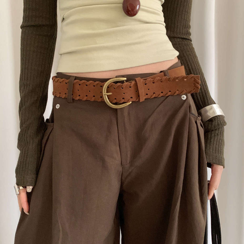 Retro Mellard Edge Suede Leather Belt For Women With Alloy Buckle Casual Style