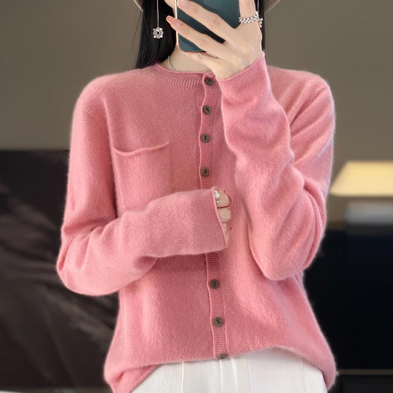 Women's Cashmere Crew Neck Cardigan Qinghe 95%Wool,  Winter Knitted Pullover Autumn Sweater Cashmere Sweater