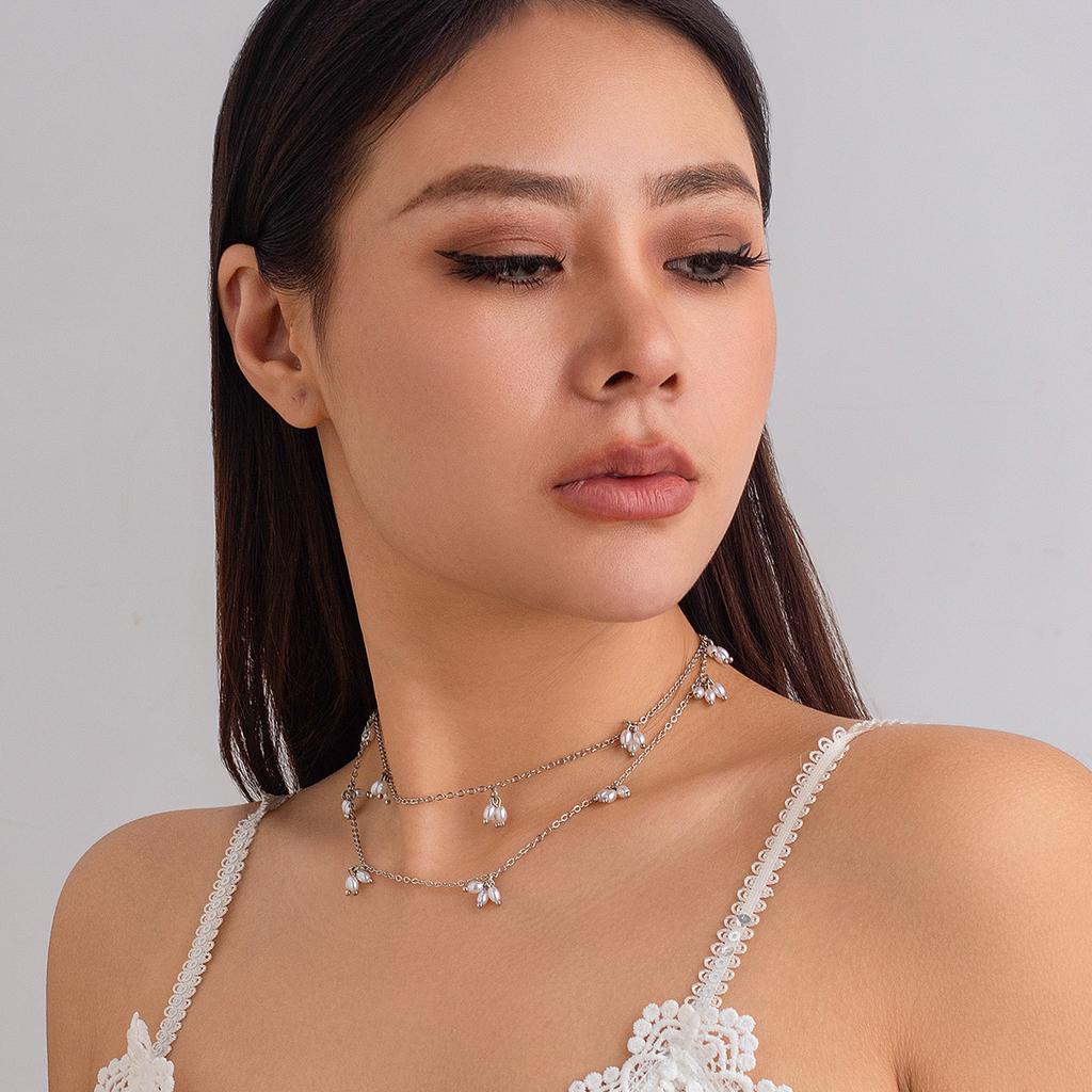 Simple pearl necklace double necklace gentle temperament fringed stud earrings