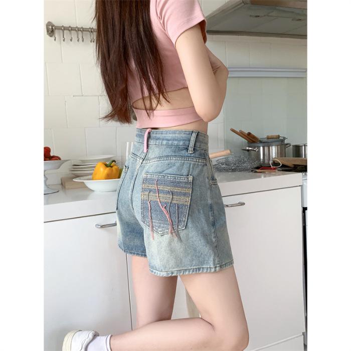 

Vintage Spicy Girl Embroidered High-Waist A-Line Denim Shorts for Women - Summer Slimming Wide-Leg Fit Extra Small светло-синий
