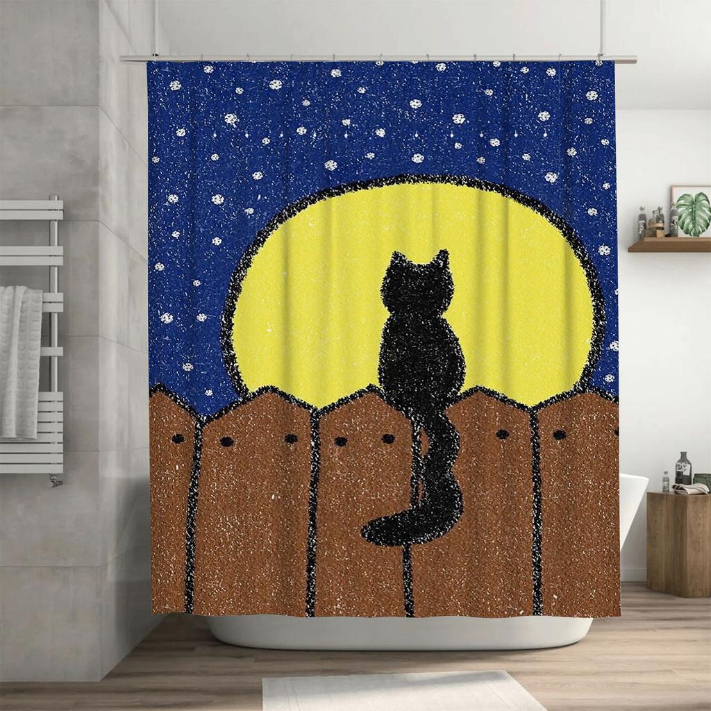 Black Cat on Fence Under Moon Waterproof Shower Curtain Heat Resistant Machine Washable Non-Transparent 180x180cm