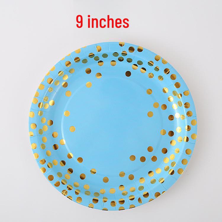 Blue and Gold Polka Dot Birthday Tableware Set: Disposable Dinner Plates, Dessert Plates, Cups, and Napkins