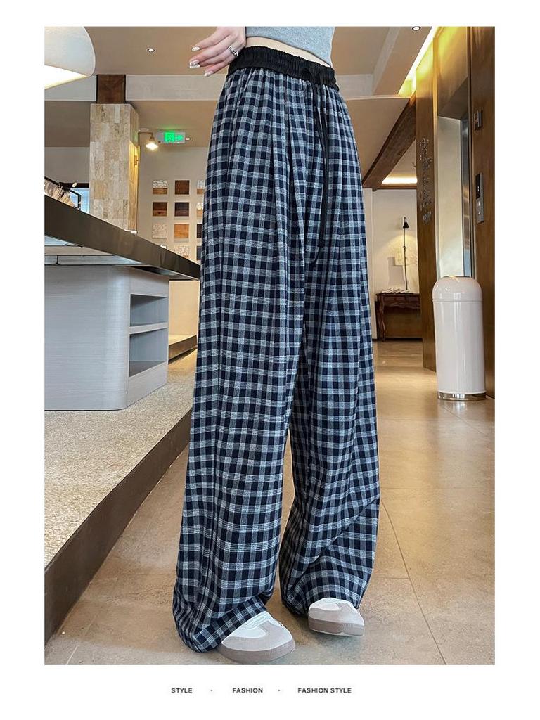Retro Blue Plaid Wide-Leg Pants - Spring/Summer 2026 Collection, Lazy Style, Drapey Straight-Leg Casual Pants