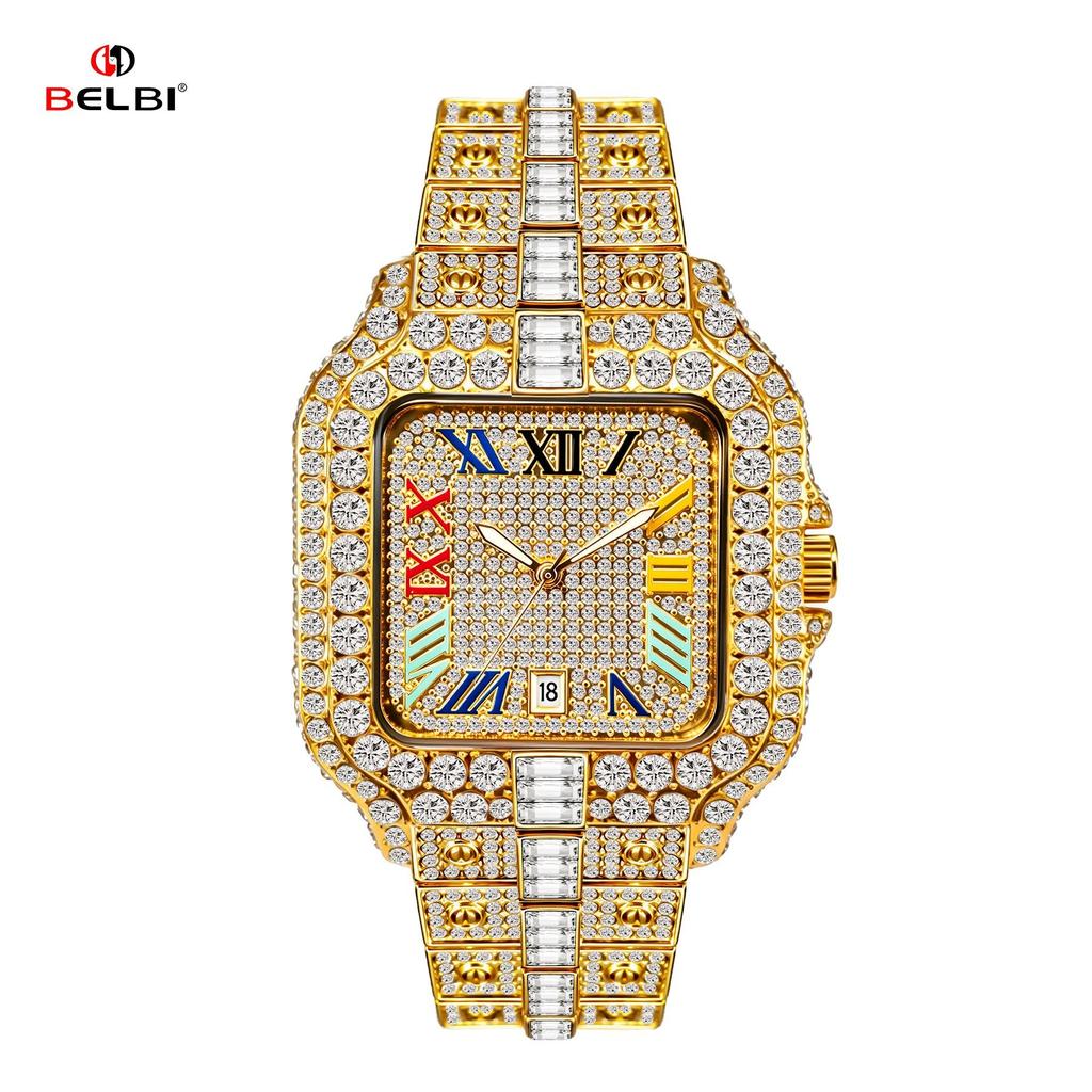 Mens Iced Out Watch Square Full Diamond Quartz Wrist Watch with Luminous Hands Date Waterproof Hip Hop Style