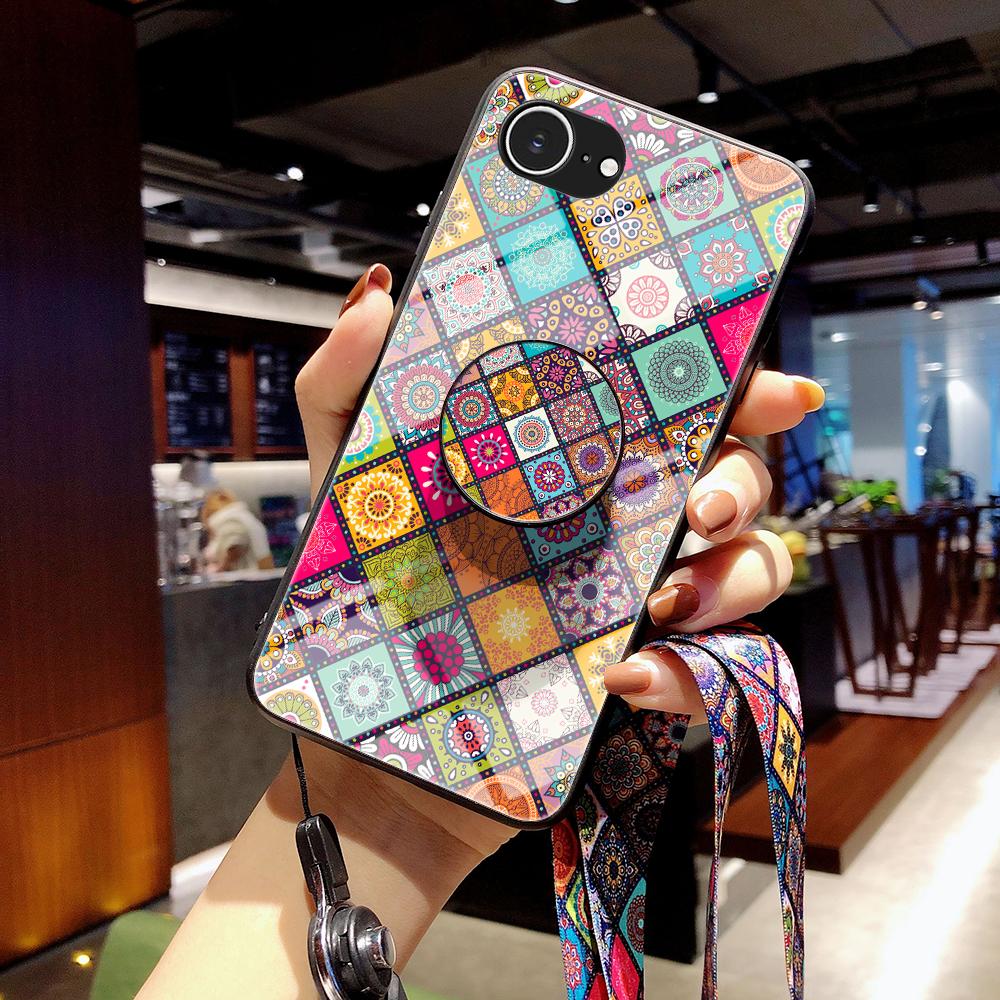 

For iPhone 16e Case Kickstand Ethnic Pattern Tempered Glass Phone Cover with Strap Color Pattern