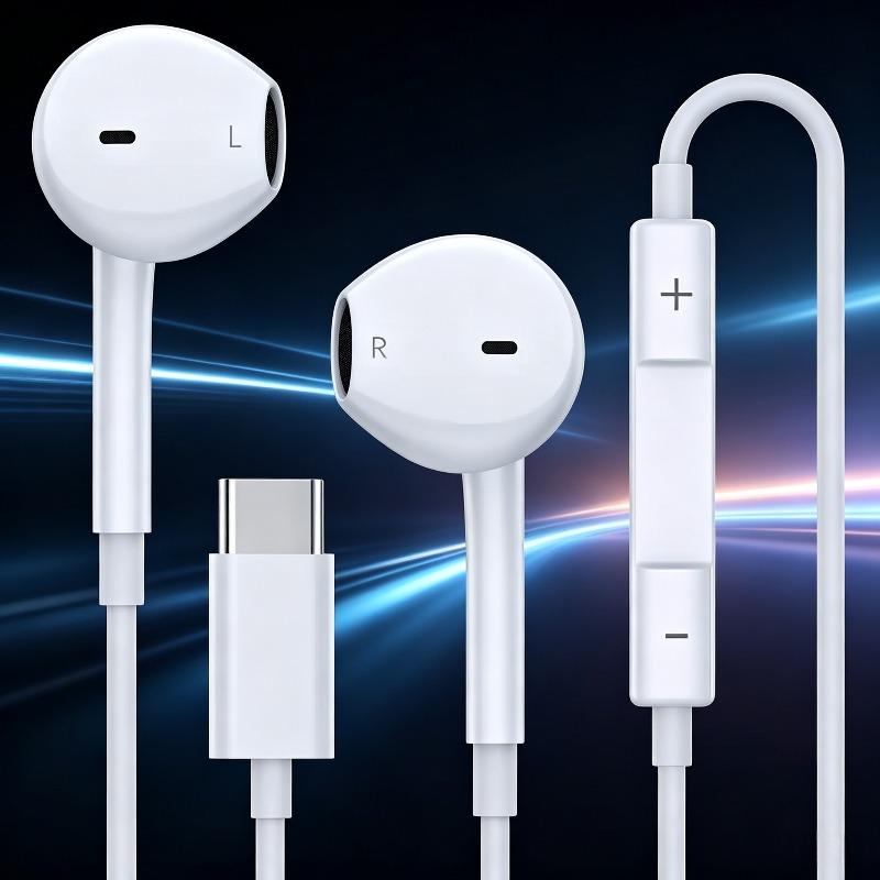 USB C Headphones for iPhone 17 16 15 Wired Type C Earphones Built-in Microphone Volume Control HiFi Stereo Sound Earbuds