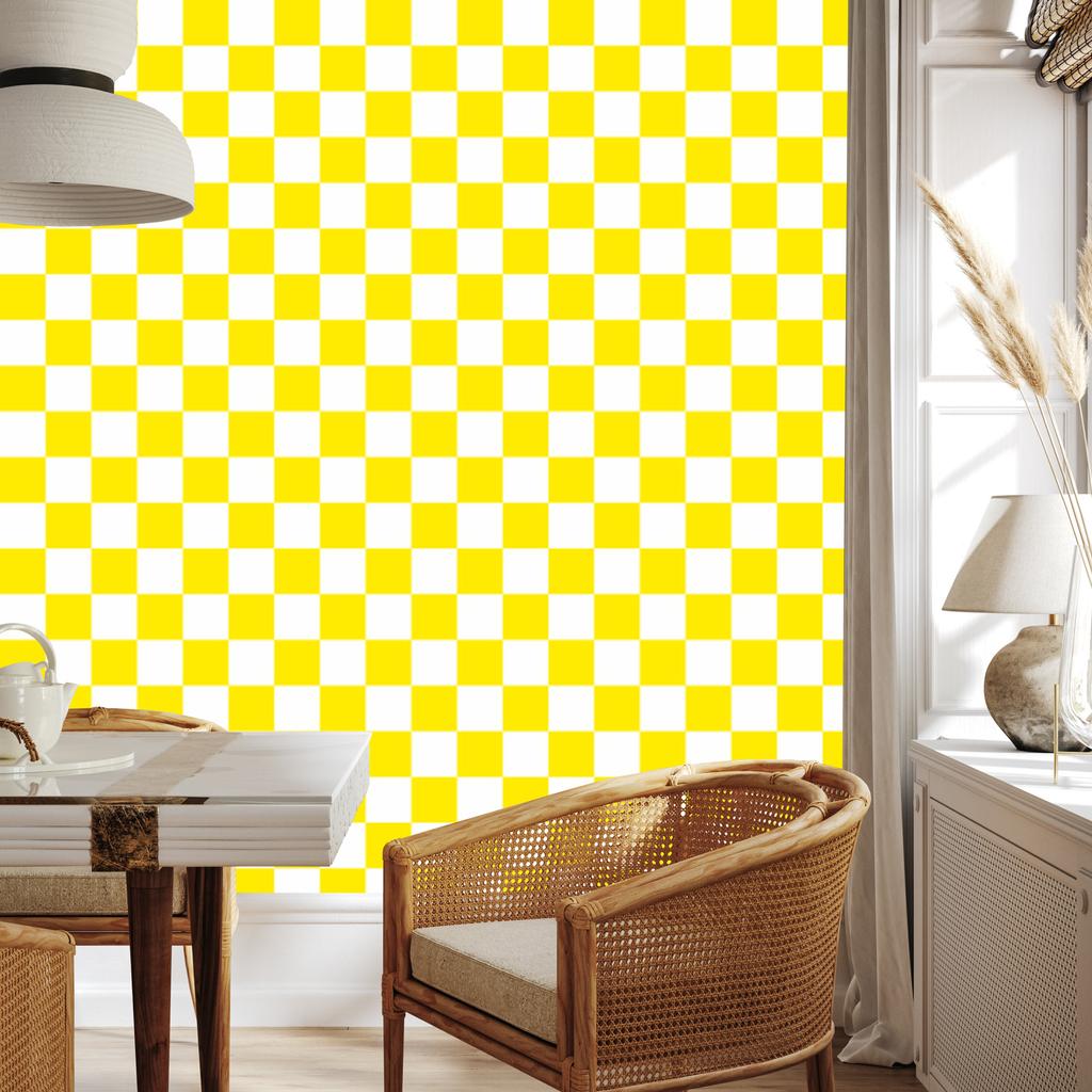 Checkerboard Wallpaper Yellow, White and Cream for Living Room and Bedroom 50x1000