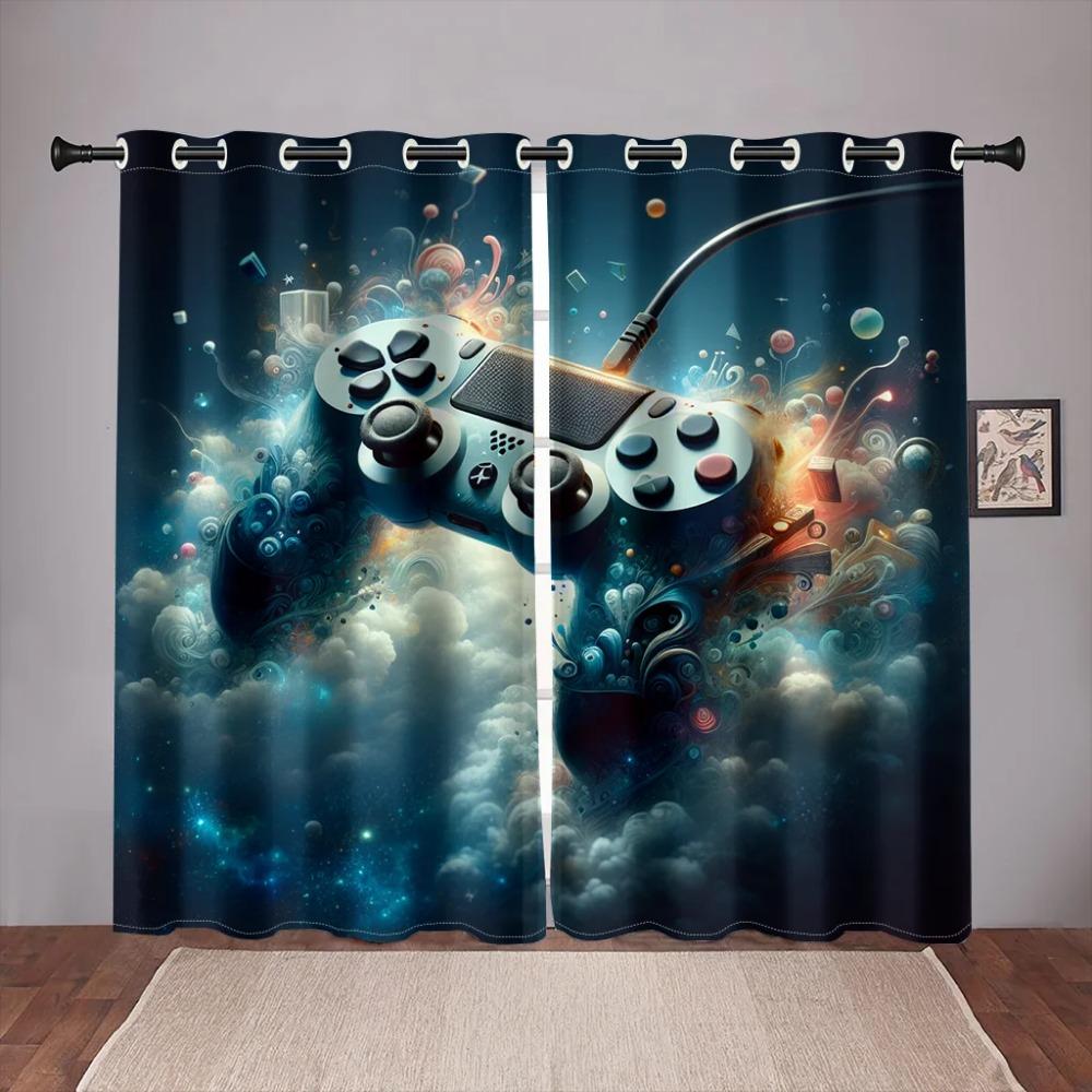 2pcs Gamepad Printed Window Curtain For Bedroom Office Kitchen Living Room  Study Grpmmet Top Window Treatment For Home Decor