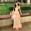 Bohemian Hollow Out Spaghetti-Strap Tiered Maxi Dress for Women Summer Sleeveless Backless Tie Up Slim Printed Beach Dress