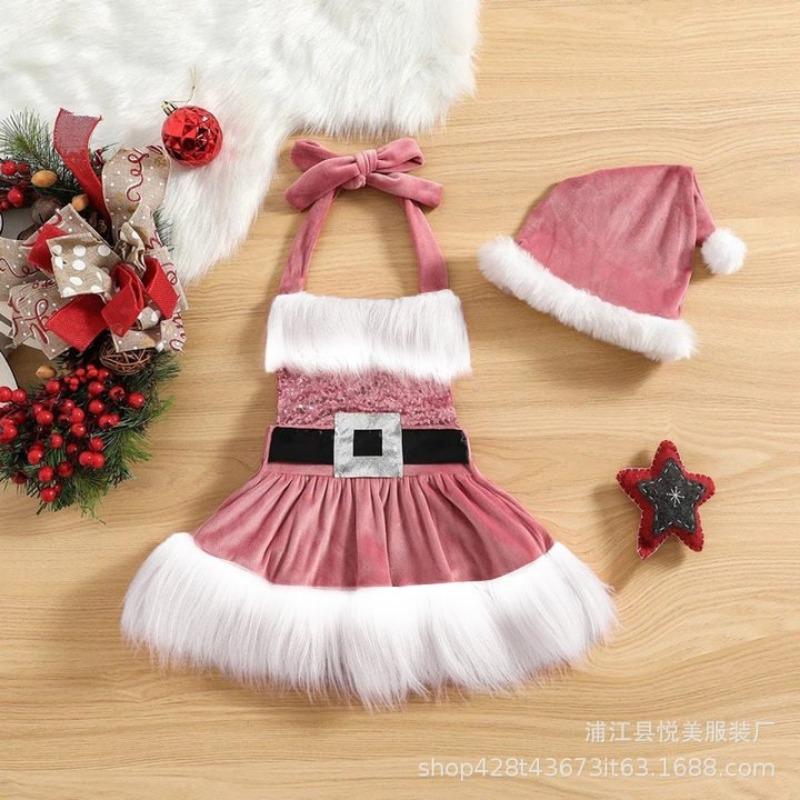 

Новый Рождественский Костюм Санта Клауса Короткая Юбка Детское Рождественское Платье Золотой Бархат 2XL（100cm） розовый