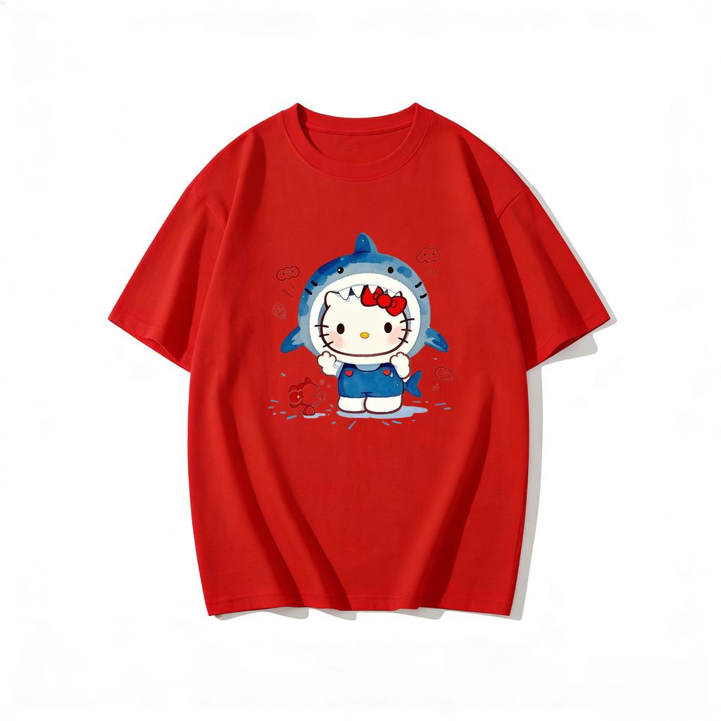 2026 New Arrival Kawaii Hello Kitty Shark Print Couple T Shirts Casual Family Matching Outfits Parentchild Tees Tops Summer Y2k