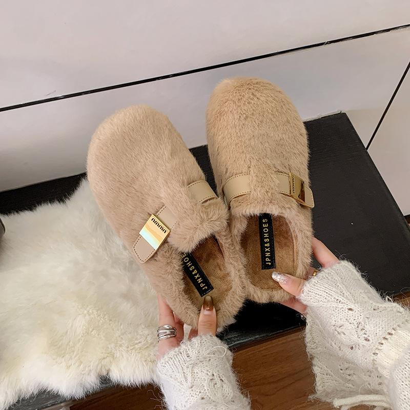 Thick-soled heightening fluffy slippers women's shoes outer wear 2025 new autumn and winter high-end plush cotton slippers