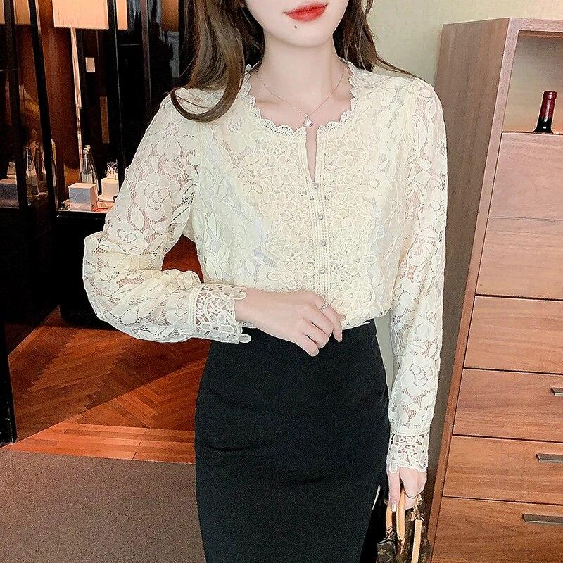 Neue Allgleiches Frauen Spitze Bluse Blütenblatt Hülse Stehkragen Aushöhlen Blume Spitze Patchwork Hemd Femme Taste Weiß Top 19234