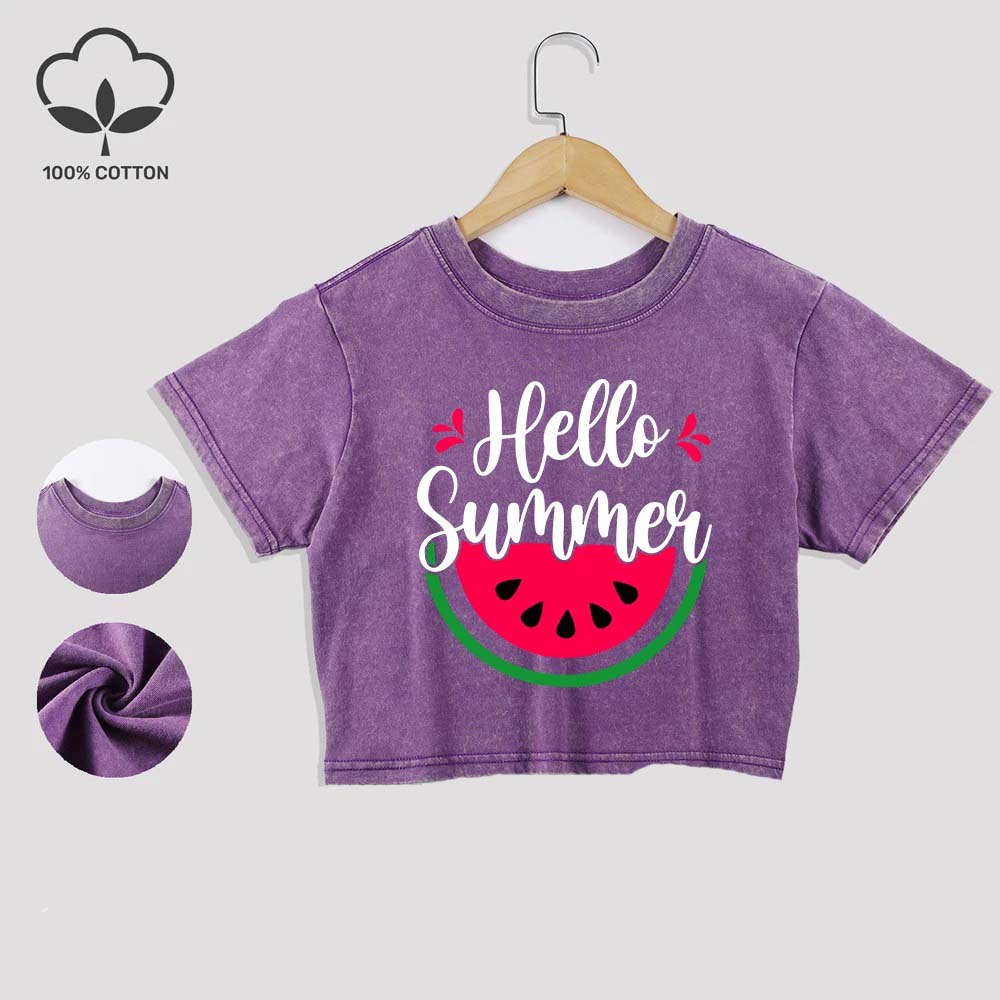 

Привет Лето Хлопковые кроп-топы с принтом арбуза Кружевной подол Выстиранные футболки Круглый вырез Потертая одежда с коротким рукавом XL