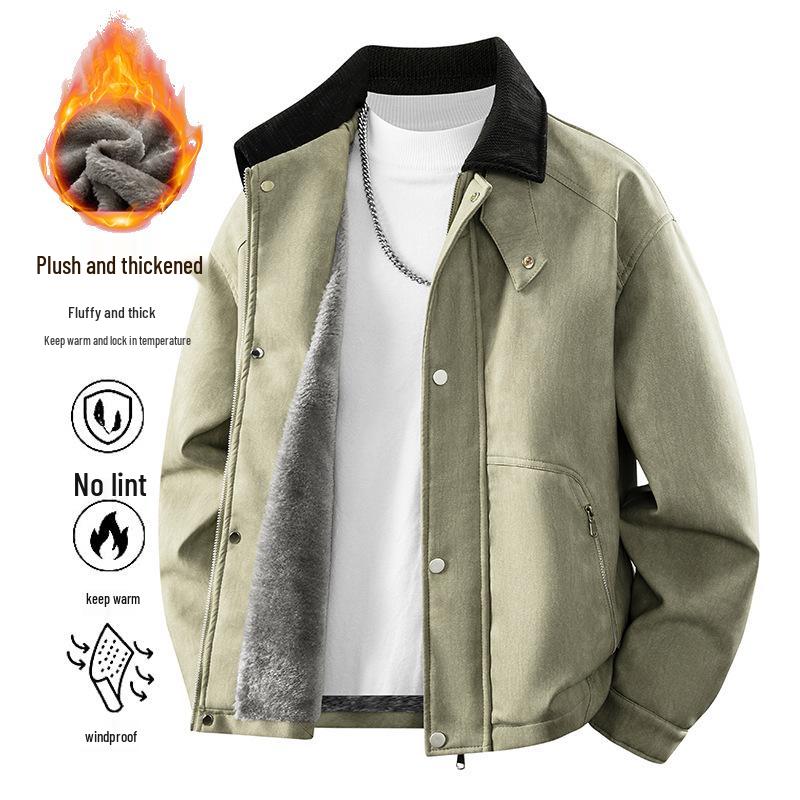 Di Yu Shen Long Men's Trendy Winter Loose Color Block Fleece-Lined Leather Jacket