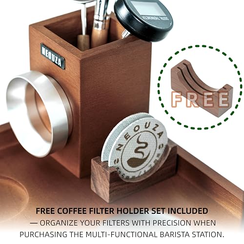 NEOUZA Multifunctional Barista Station | Built-in Knock Box & Tamper Stand, Removable Drawer, Beech Wood Stainless Steel Organizer for 51/54/58mm Port