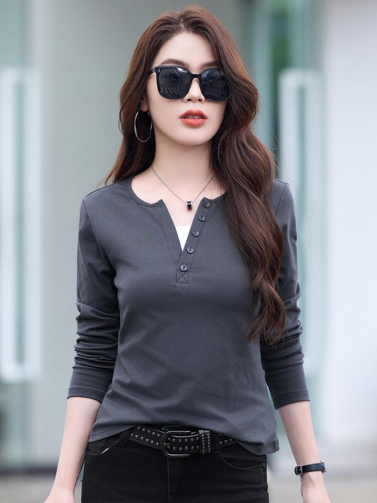 Korean Style Slim Fit V-neck Color Block Patchwork Long Sleeve T-shirt - Cotton Base Layer