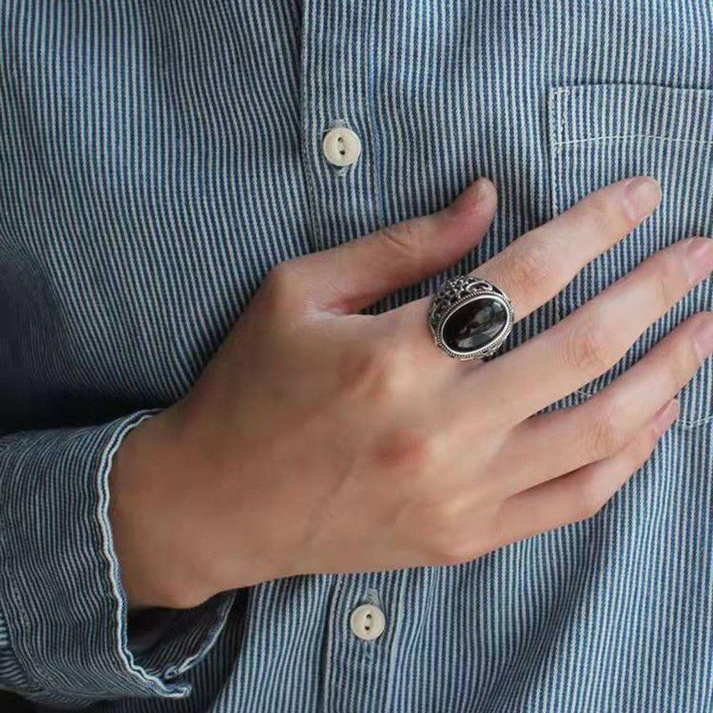 Retro Hollow Imitation Obsidian Adjustable Ring