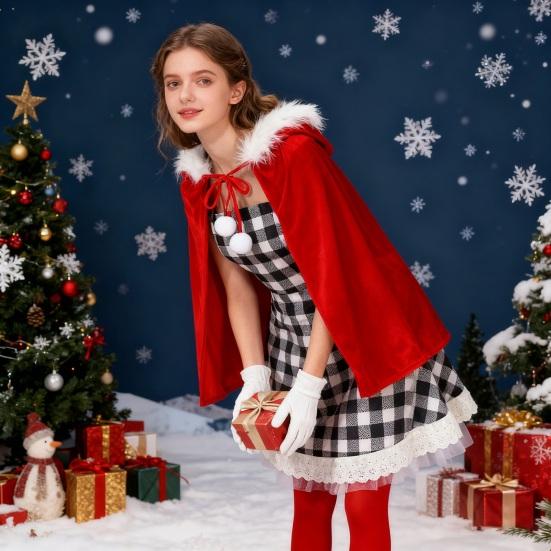 Weihnachtskostüm für Frauen Mädchen Kariertes Kleid mit rotem Samtumhang Strümpfe Handschuhe Set Weihnachtself Cosplay Outfit
