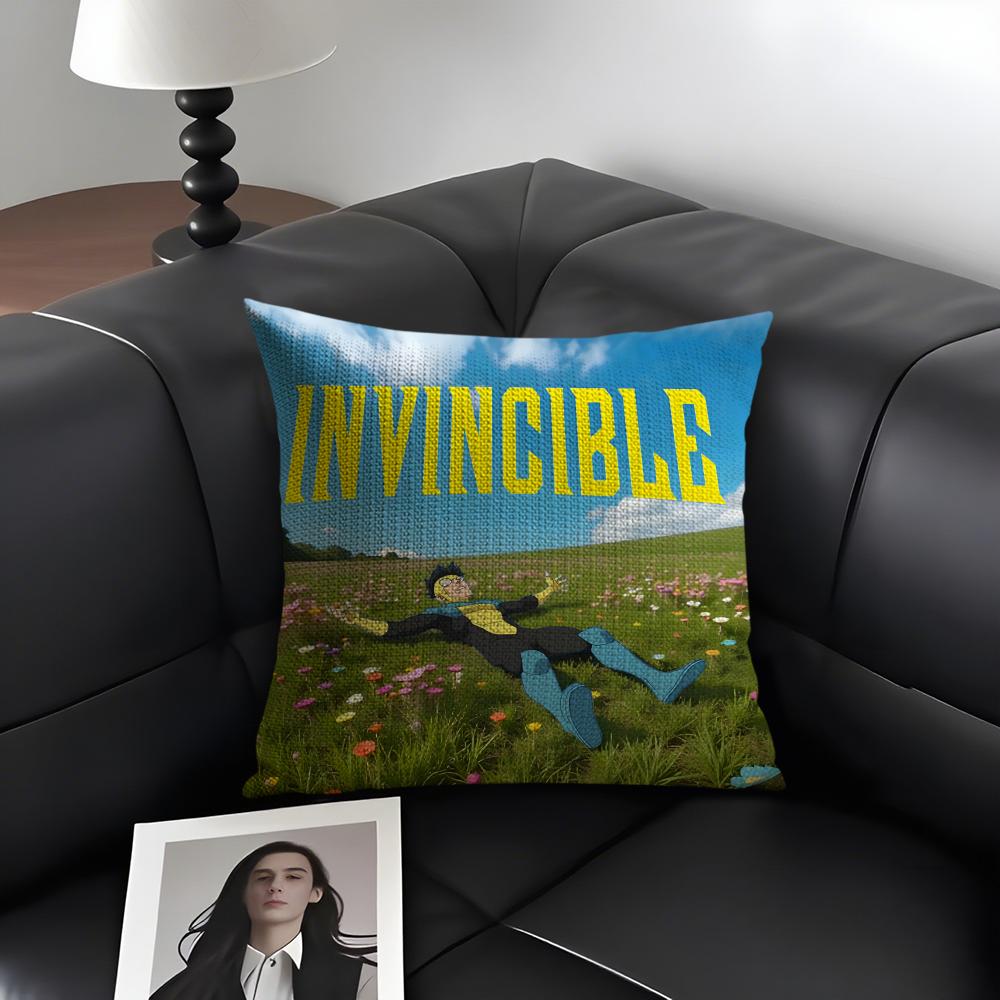 I-Invincible Funnyy Cartoon Cushion Cover Natural Linen Organic Fabric Double-Sided Printing Sofa Home Decor Gift Pillow Case