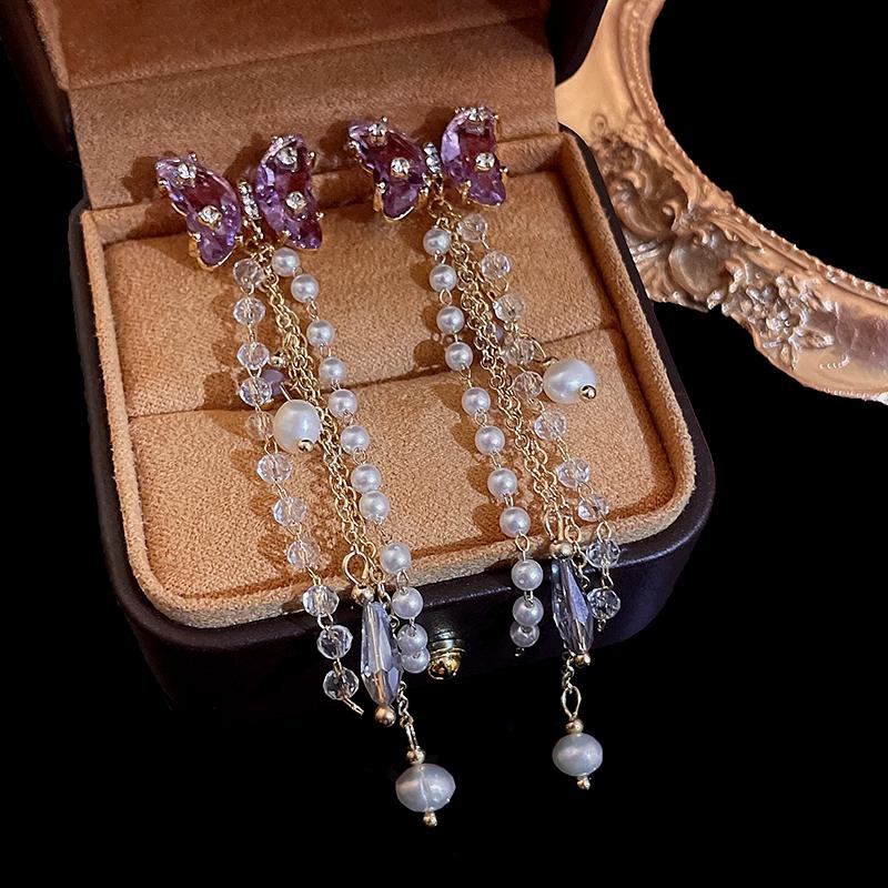 Pink Butterfly Earrings With Long Tassel Sparkly Zircon Crystal Imitation Pearl Beads Earrings Light Luxury Party Ear Jewelry K-