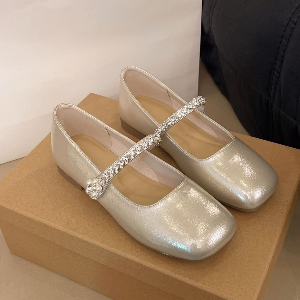Mary Jane Flats with Rhinestone 2025 New Square Toe Soft Sole Shallow Versatile Women's Shoes Spring and Autumn Fashion Footwear