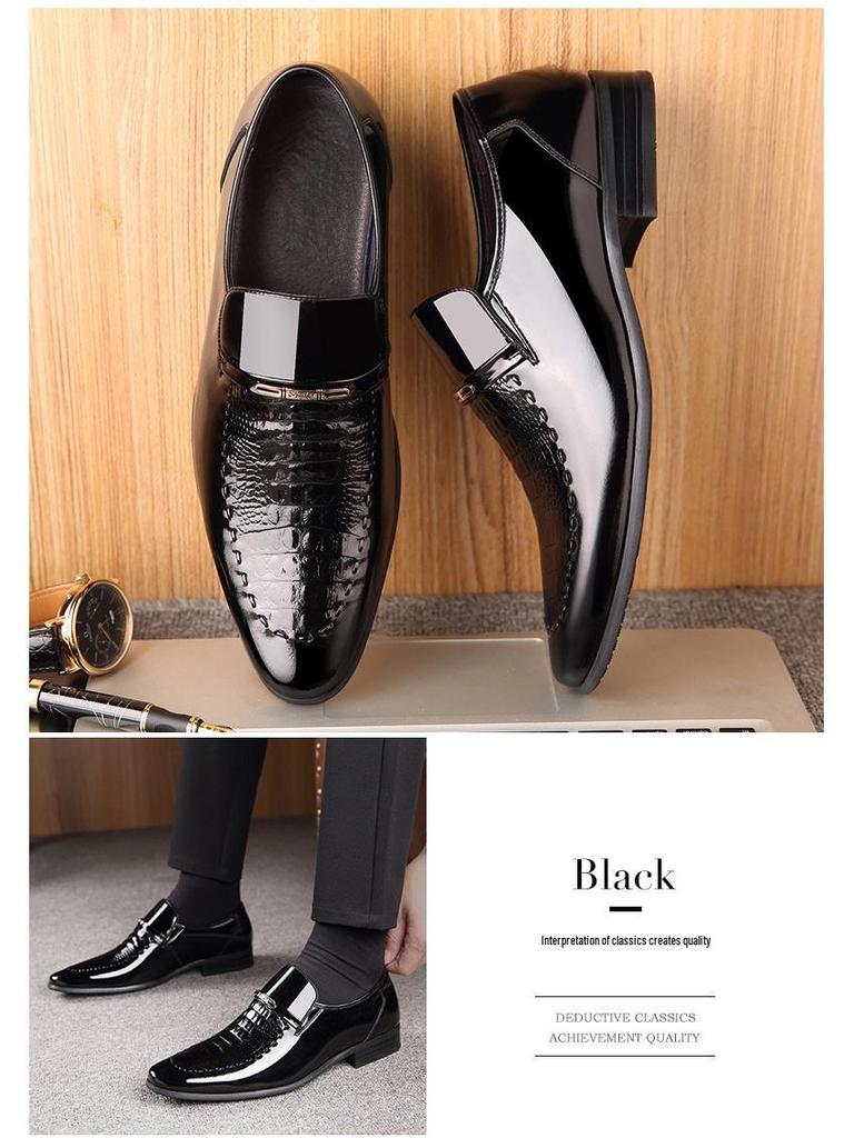 Men's Plus Size Crocodile Pattern Patent Leather Business Slip-On Shoes, Pointed Toe, Shiny Finish