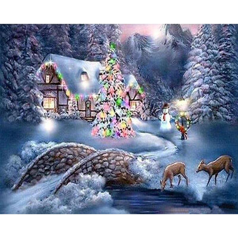 Full Round Diamond Painting Handmade Winter Scenery Cross Stitch 5d Diamond Embroidery House Landscape Decor