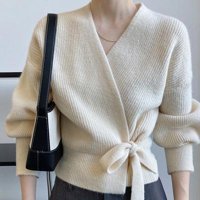 Advanced Sweater Knitwear Women Knitted Cardigan Fall Winter Tie V-neck Sweet Short Long-sleeved Knitted Tops