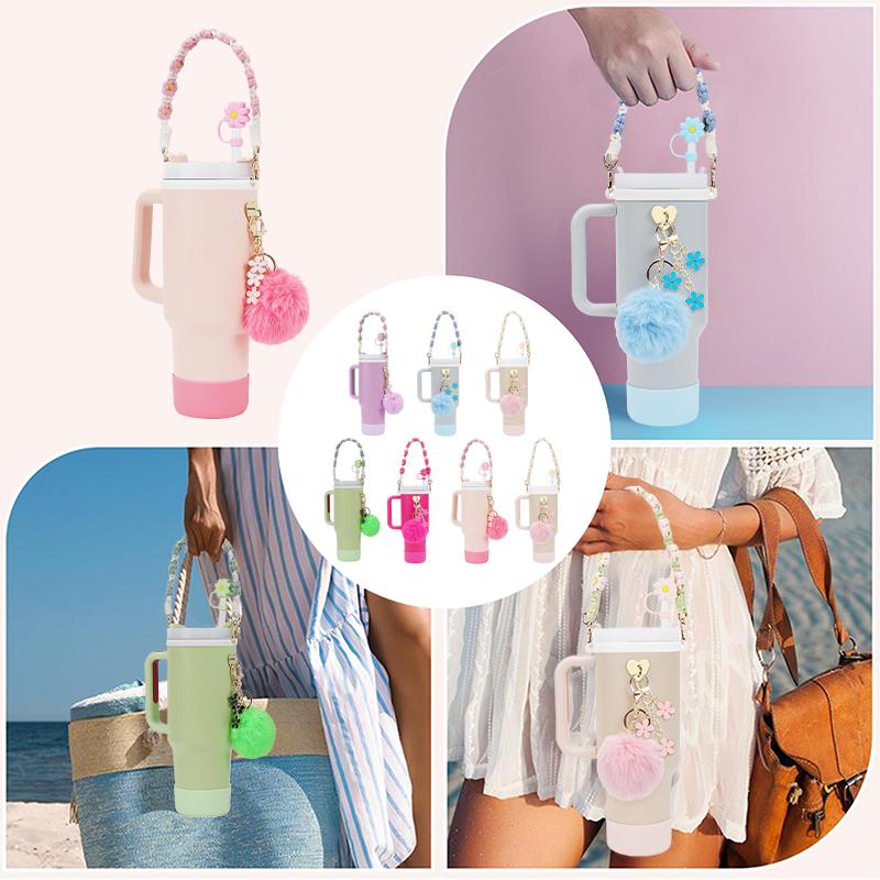 7 Pcs For Stanley Cup Accessory Set Includes 1 Water Bottle Handle Strap, 1 Cup Cover, 1 Fixed Cup Cover, 1Straw Cover, 3 Charms