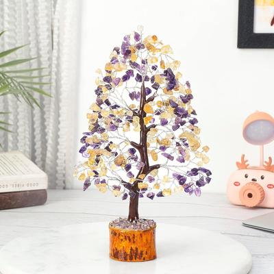 Crystals Gemstones Bonsai Money Tree for Good Luck, Decoration Gift Item - 10-12 Inch (Amethyst & Citrine Silver Wire)