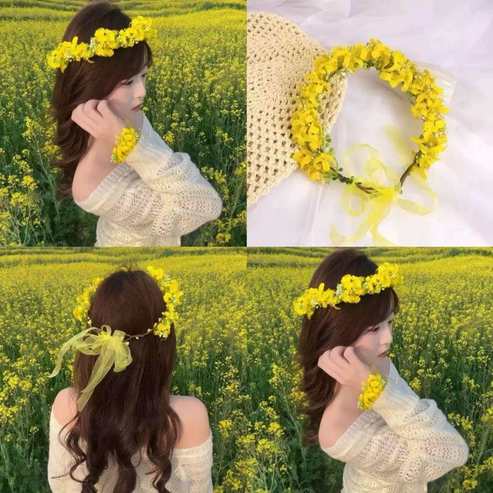 Pastoral Scenic Rapeseed Flower Wreath Bright Cloth Flower Girl Children's Hair Accessories Floral Headband Headbands