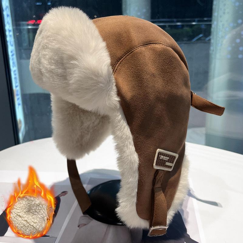 Thickened Suede Lei Feng Hat In Winter Electric Car Outdoor Riding Plus Velvet Warm Windproof Cold Ear Protection Hat for Women