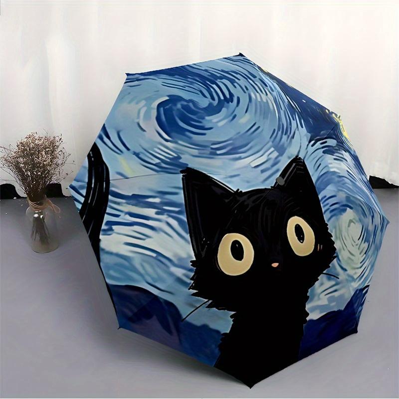 1pc Black Cat Automatic Open/close Folding Umbrella, Compact Portable Travel Umbrella,Durable Construction Yy250814189