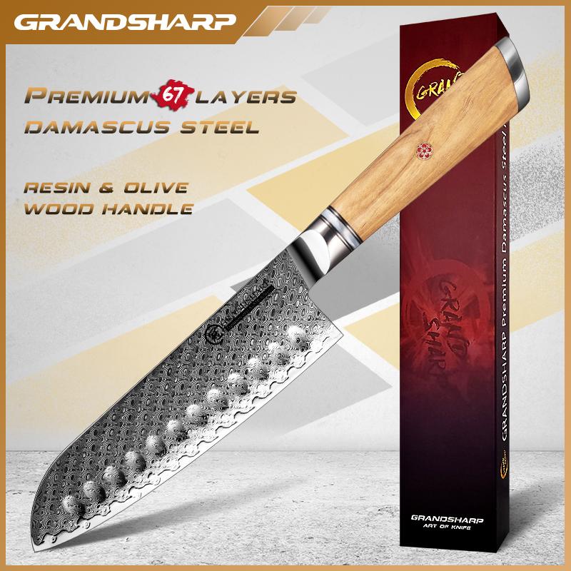 

Профессиональный 7-дюймовый японский нож Santoku Grandsharp, 67 слоев, кухонный нож шеф-повара из дамасской стали с ручкой из оливкового дерева