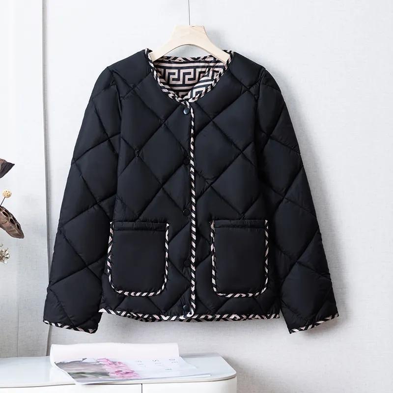 Women's Coat Winter Loose Solid Coewlor Short Warm Cotton-Padded Jacket Simple Fashion Cotton-Padded Jacket Diamond Lattice Coat