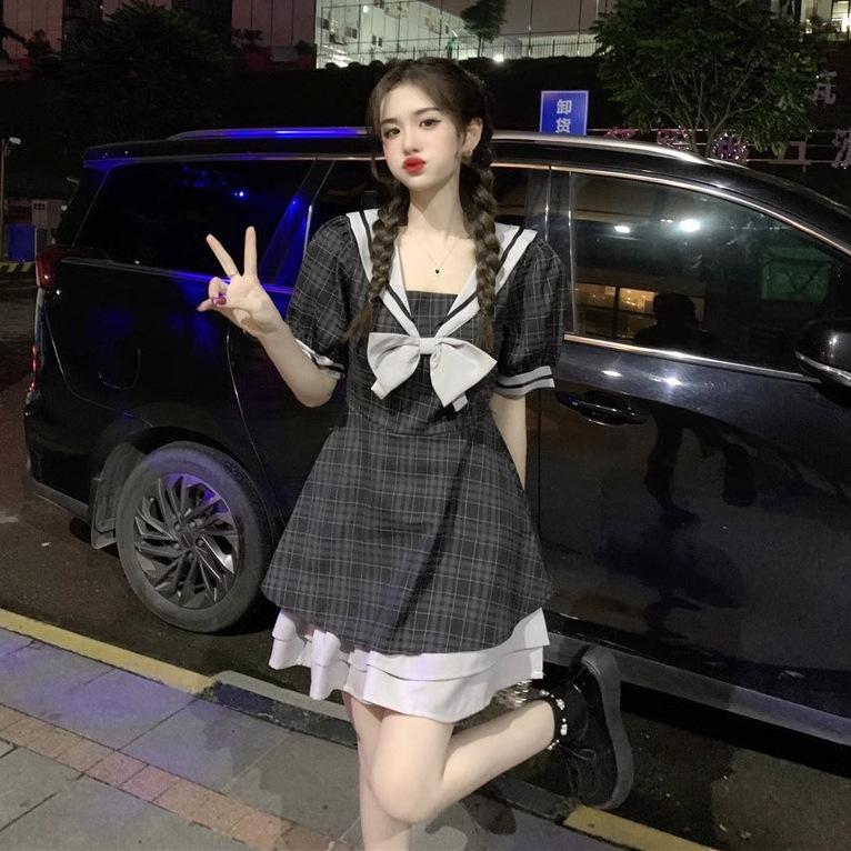 Plus Size Plaid Bow Patchwork A-Line Dress – Slimming, Waist-Cinching, College Style Mini Skirt for Women