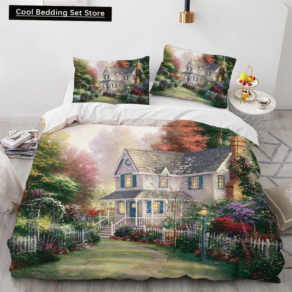 Oil Painting King Queen Duvet Cover Vintage Building Landscape Bedding Set for Adults Retro Art 2/3pcs polyester Quilt Cover