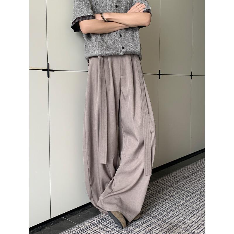 Men Double Belt Pleated Straight Micro Flared Loose Casual Dress Pants