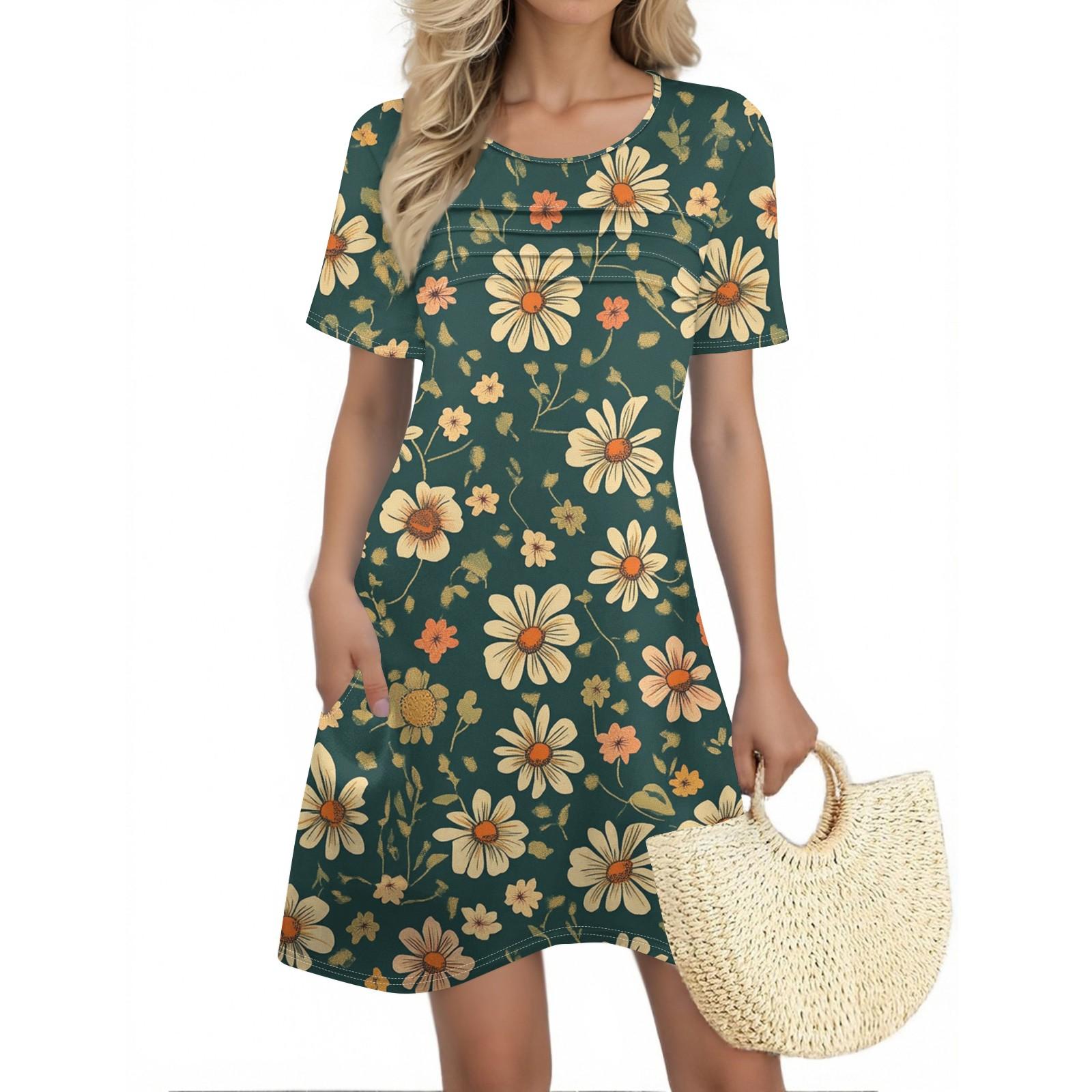 Women s Summer Dresses Women s Summer Floral Print Dresses Short Sleeve Round Tie Pocket Casual Dresses XL