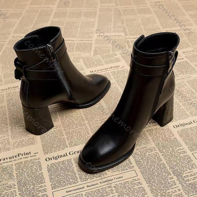 Fashion Comemore Temperament Fashion Women Boots Black High Heel Round Toe Ankle Boots for Women Autumn Winter Belt Buckle Short Booties