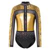 Body da Bambina Brillante con Strass, Manica Lunga, Schiena Scoperta, Patchwork, Chiusura a Bottoni a Pressione sull'Inseme, Abbigliamento Sportivo da Danza