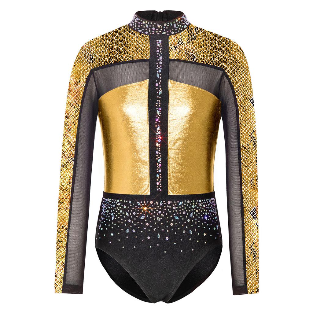 Body da Bambina Brillante con Strass, Manica Lunga, Schiena Scoperta, Patchwork, Chiusura a Bottoni a Pressione sull'Inseme, Abbigliamento Sportivo da Danza