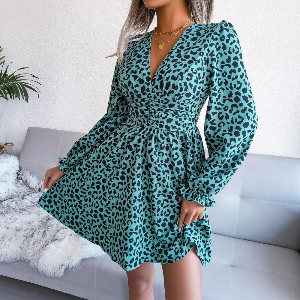 MAITA jaro léto nové sexy leopardí výstřih do V s dlouhým rukávem liniové elegantní šaty S-XL