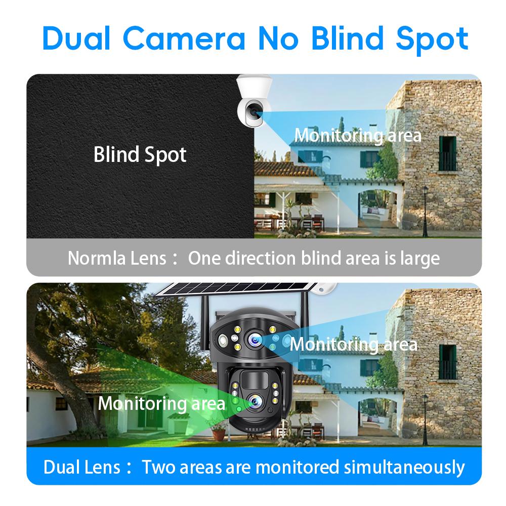 Dual Lens Solar Security Camera, 4G/WiFi Outdoor Monitor with Night Vision, HD Rechargeable PIR Surveillance System